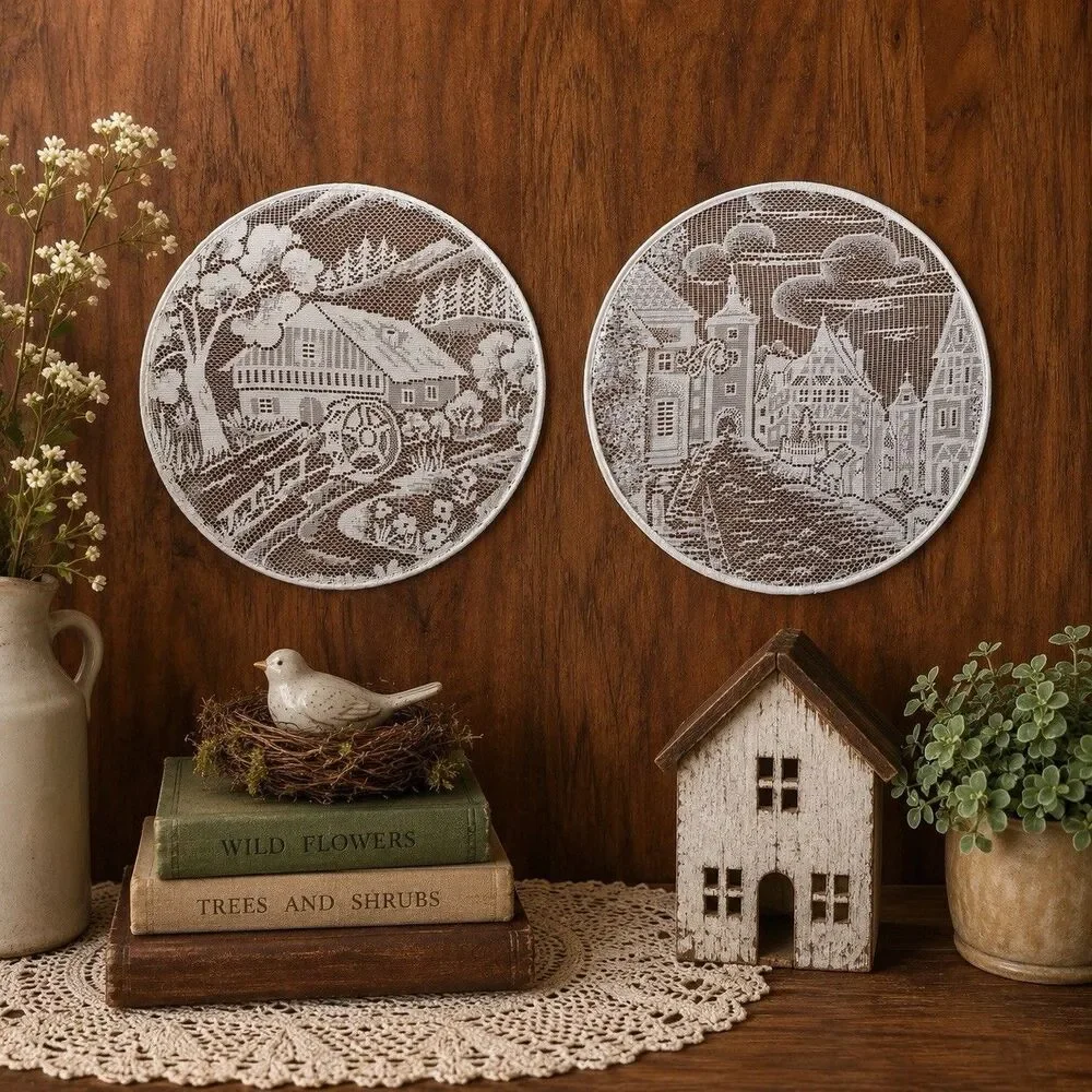 Vintage German Lace Window Hanging Set 2 Rothenburg Village Water Wheel Doilies
